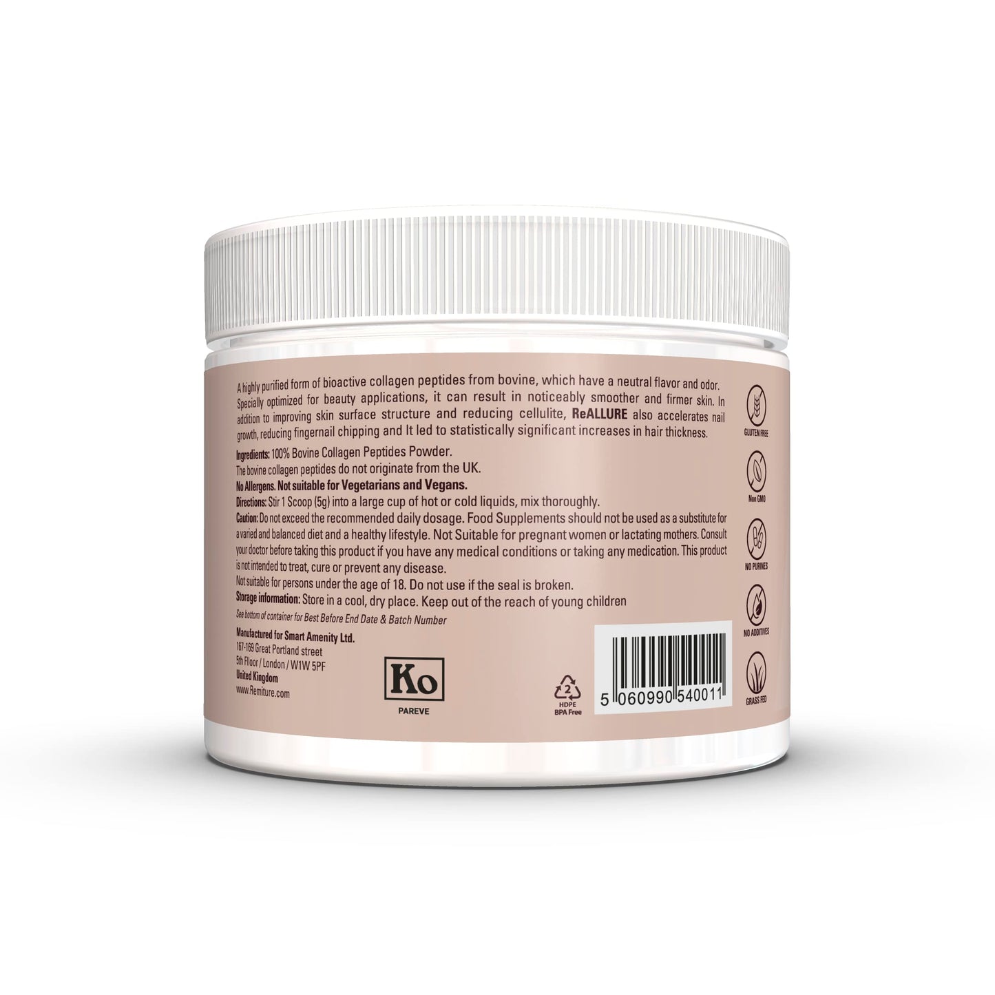 REMITURE Collagen Powder, Type 1 & 3, Unflavoured, Grass-Fed Hydrolysed Protein Peptides, 18 Amino Acids, Kosher, Halal, for Muscles, Healthy Skin, Hair, Nails, Joints, Gut (150 Grams)