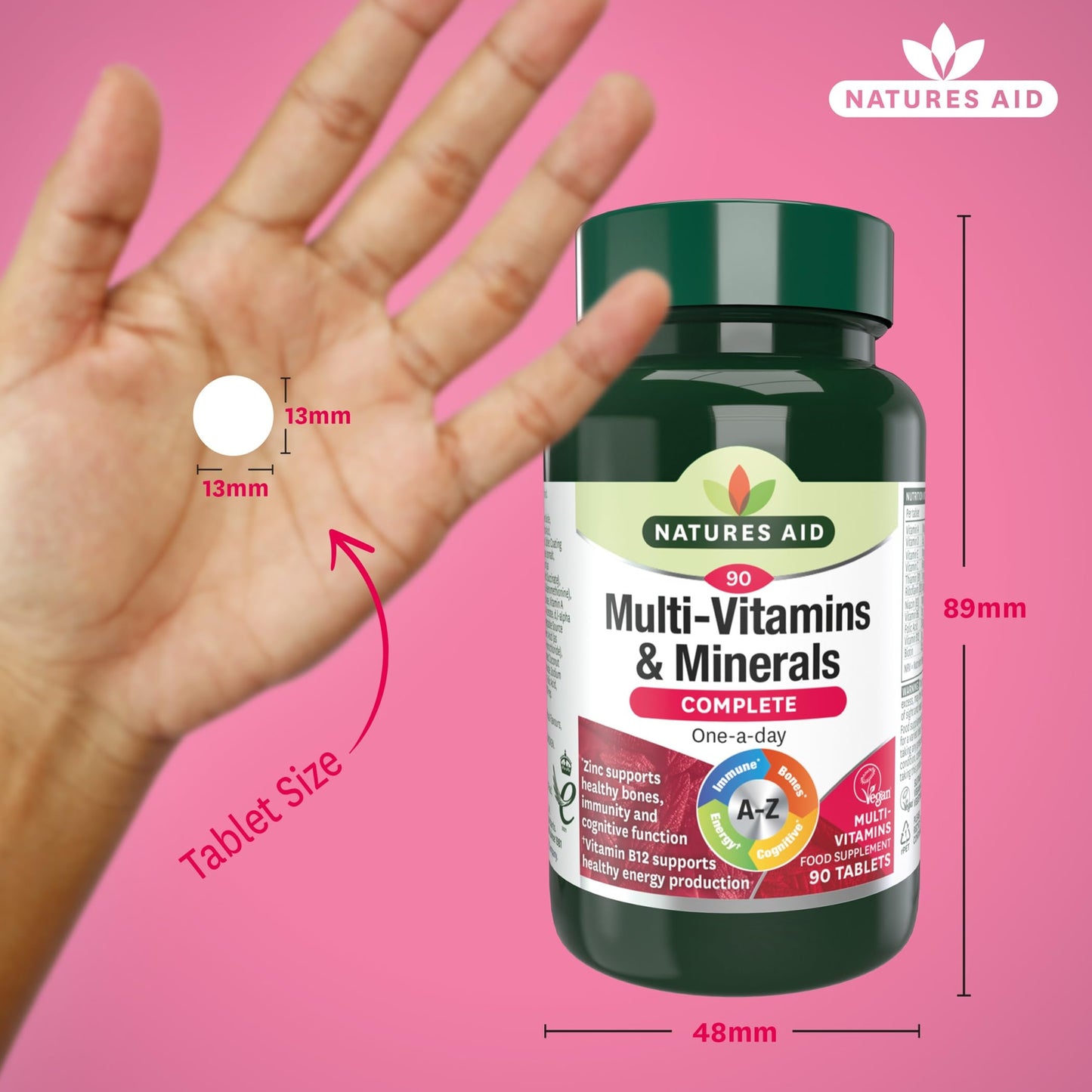 Natures Aid Multivitamins & Minerals – One-a-Day High Potency Daily Multi-Vitamin Supplement inc. B12 & Zinc – Supports Energy, Bones, Immunity, Hair, Nails – Vegan, Non-GMO, Gluten-Free – 90 Tablets