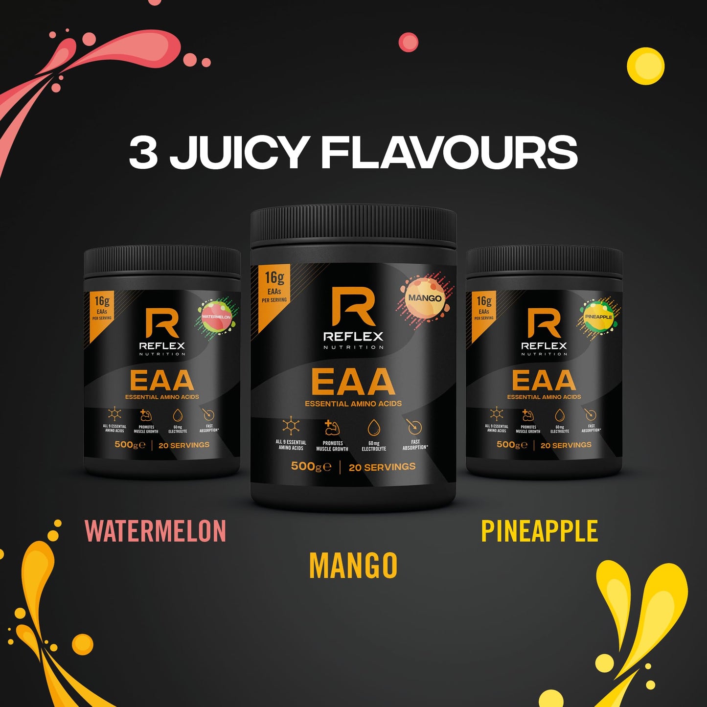Reflex Nutrition EAA - Complete Essential Amino Acids - 16g EAAs with BCAAs, Vitamin B6, Electrolytes - Full Spectrum Amino Acids Powder for Muscle Growth & Recovery (Mango, 500g, 20 servings)