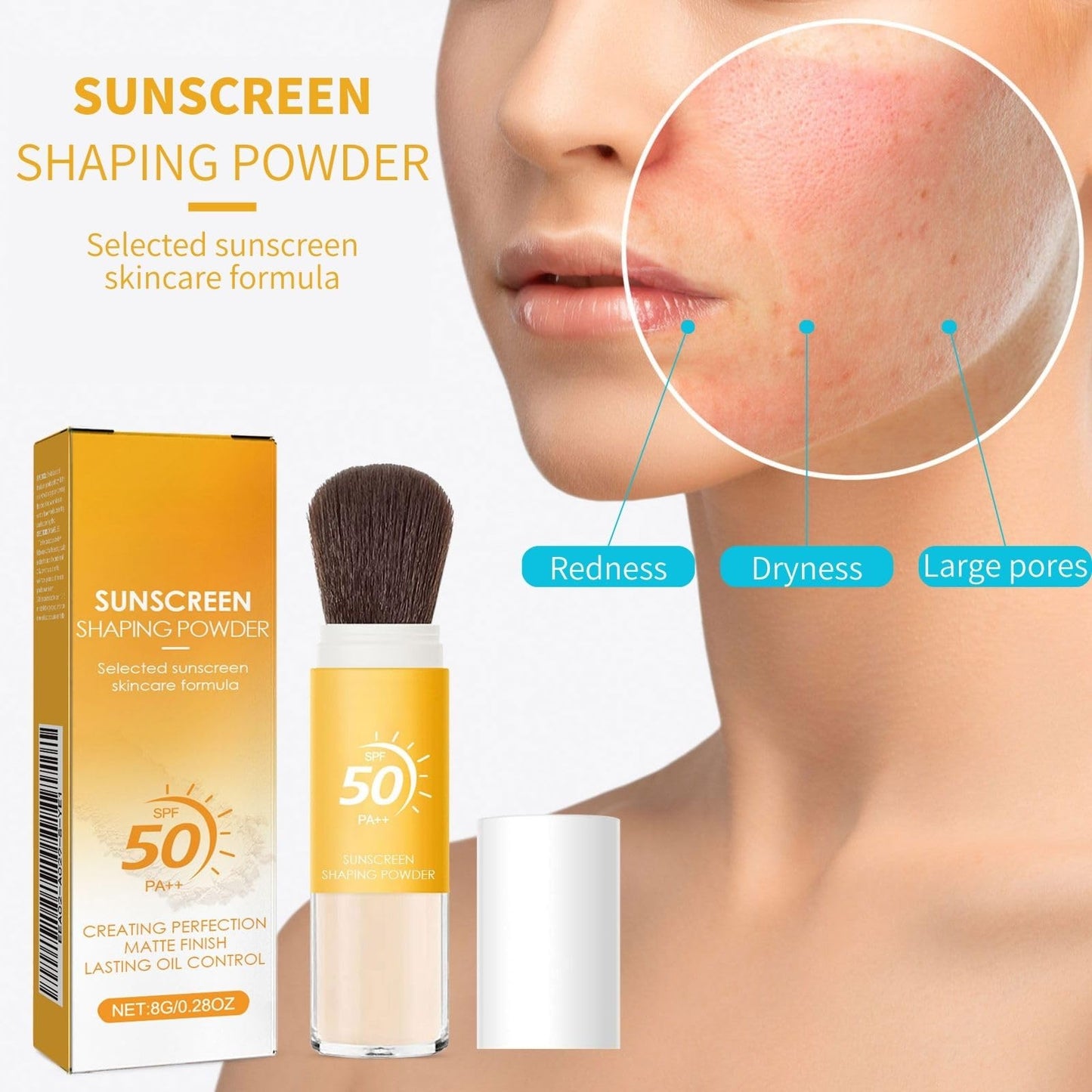 Cureluxe Mineral Powder Sunscreen Brush，SPF 50 Powder Sunscreen for Face，Over Makeup Sun Protection Brush，Lightweight Setting Powder for Face ，Non-Greasy Travel Size