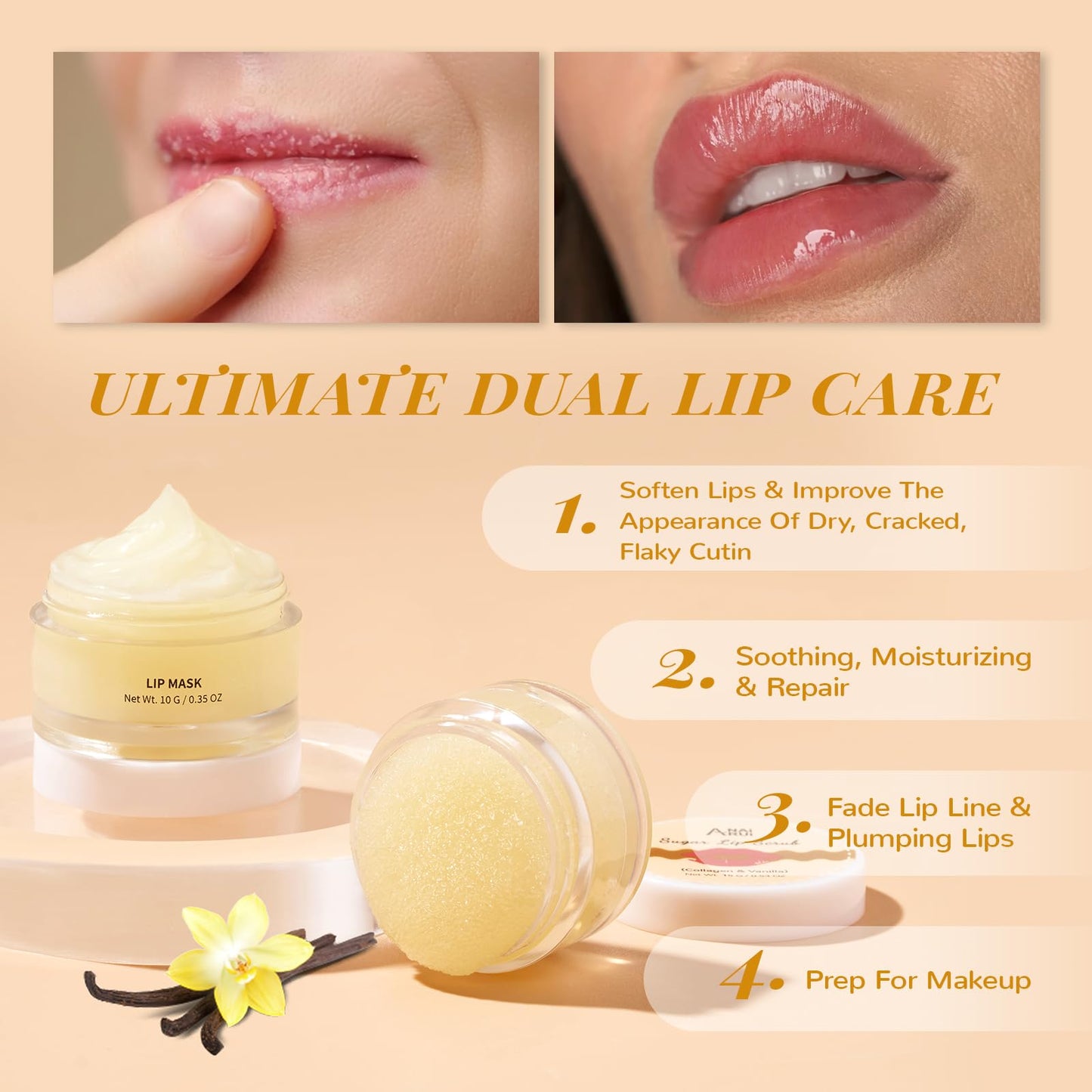 ANAI RUI ANAiRUi Lip Scrubs Exfoliator Moisturizer, Lip Sleeping Mask Sugar Lip Scrub, Lip Mask Overnight for Lip Line Wrinkle Treatment, Lip Balm for Dry Chapped Lines Lips, (Vanilla & Collagen, Peptide)
