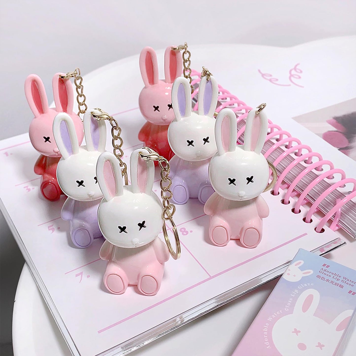 Bekoeen 3Psc Rabbit Lip Gloss Keyring,Moisturising Sparkling Jelly Lip Gloss,Crystal Lip Tint Korean Chinese Makeup, Hydrating Sweet Lip Glaze Set,Cute Lipgloss Set For Girls