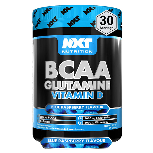 NXT Nutrition BCAA, Glutamine & Vitamin D | BCAAs Amino Acids with Vitamin D3 and L-Glutamine - for Recovery, Gut Health and Muscle Protein Synthesis | 360g - 30 Servings (Blue Raspberry)