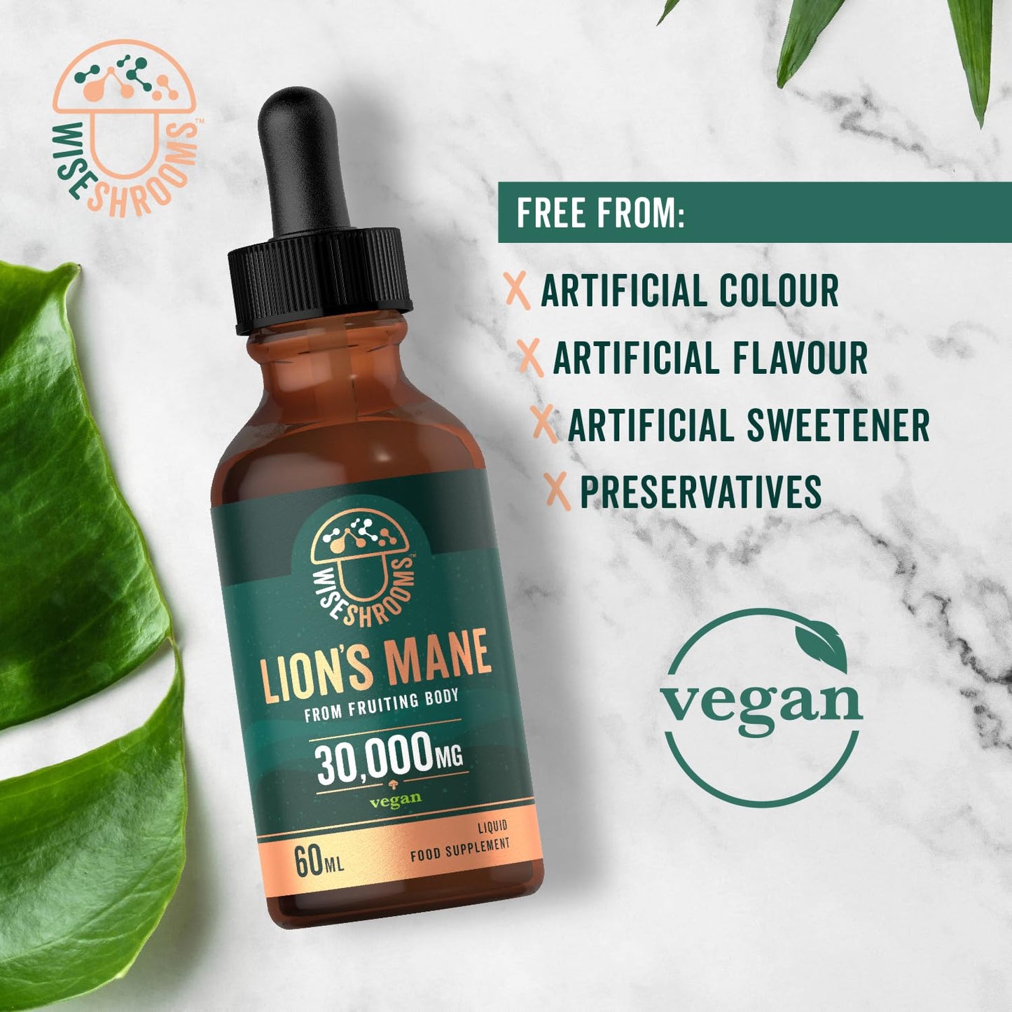 Lions Mane Supplement Liquid Drops 30,000mg | High Strength Lions Mane | from Fruiting Body | 60ml Bottle - Vegan | Wiseshrooms