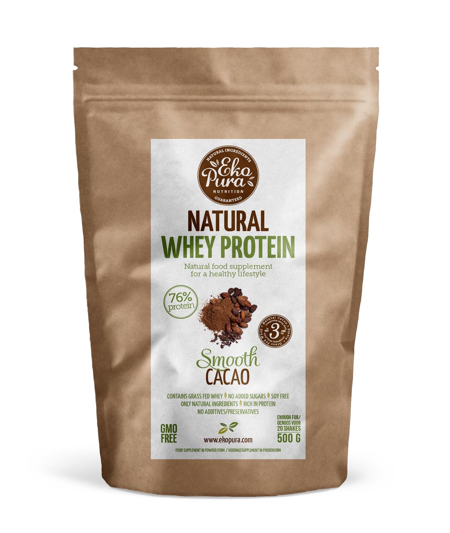 Ekopura Natural Whey Protein - Cocoa - 500g | 76% Protein | 100% Natural Grass Fed Whey| Hormone-Free, GMO-Free, Soy-Free, Additives Free, No Added Sugar | Muscle Growth, Recovery and Retention