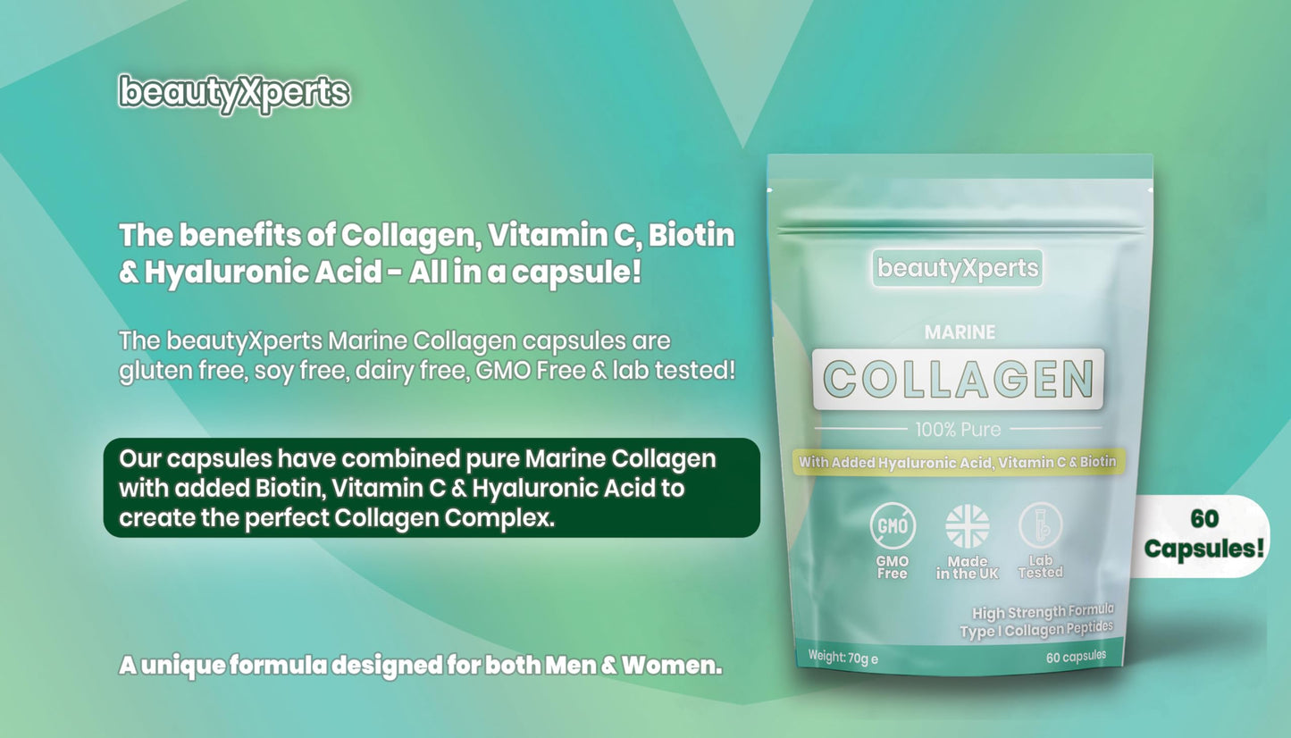 BeautyXperts Marine Collagen Capsules | with Biotin, Hyaluronic Acid & Vitamin C | High Strength Pure Collagen Peptides Supplements for Women and Men | 60 Capsules (Not Tablets or Powder)