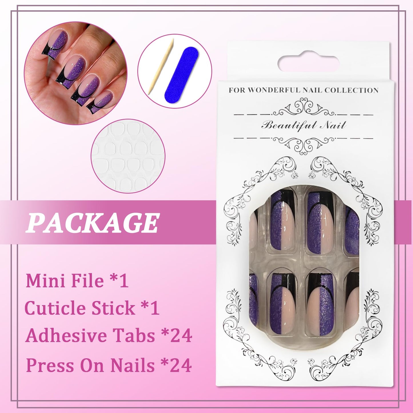 Ceboic 24Pcs Square Press on Nails - Medium Length Black Purple Tip with Glue Stickers, Elegant Acrylic Full Cover for Women Girls