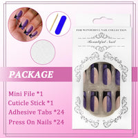 Ceboic 24Pcs Square Press on Nails - Medium Length Black Purple Tip with Glue Stickers, Elegant Acrylic Full Cover for Women Girls