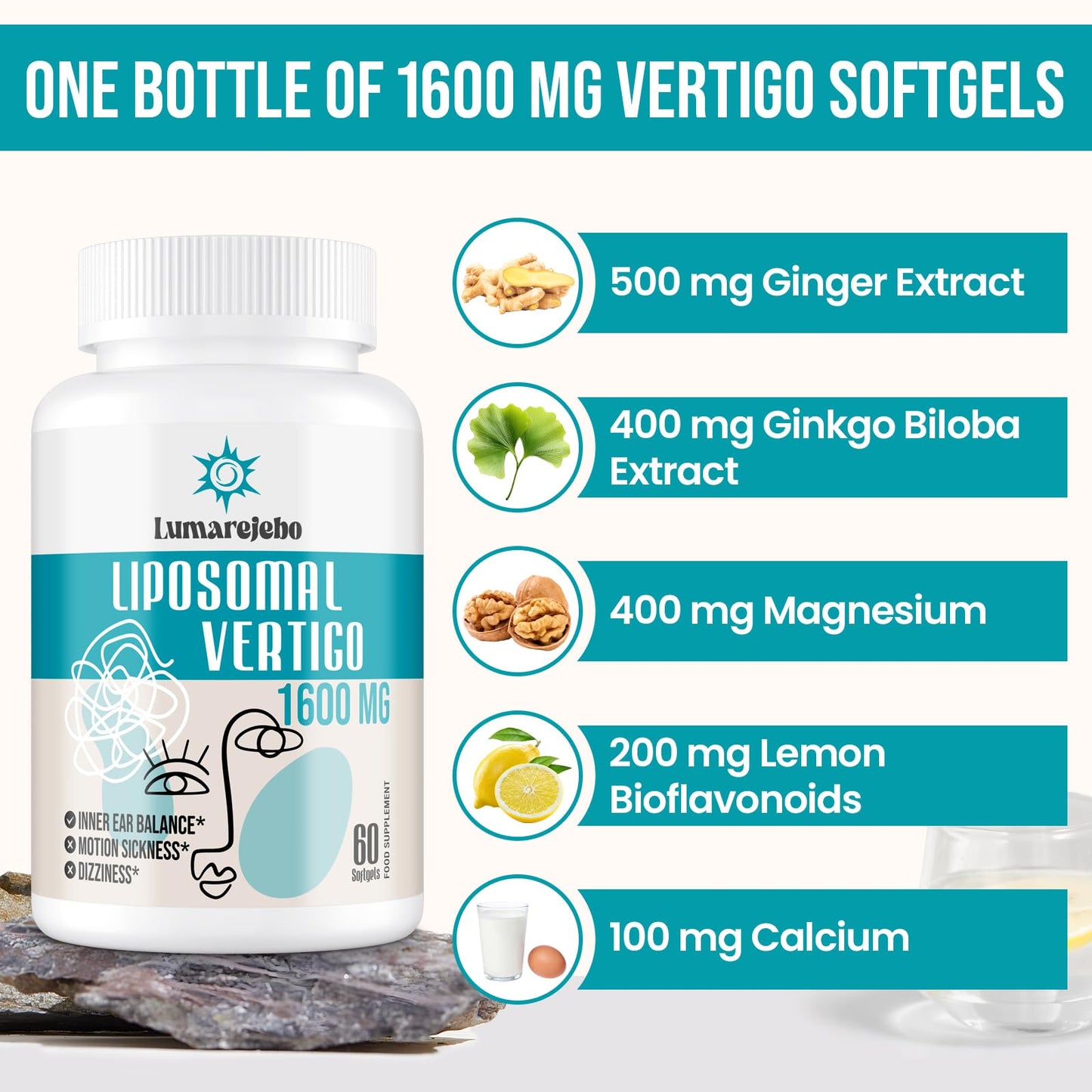 Lumarejebo Liposomal Vertigo Softgel 1600mg, Inner Ear Balance Supplement with Ginger & Ginkgo Extract, Relieve Motion Sickness & Dizziness, 60 Softgels