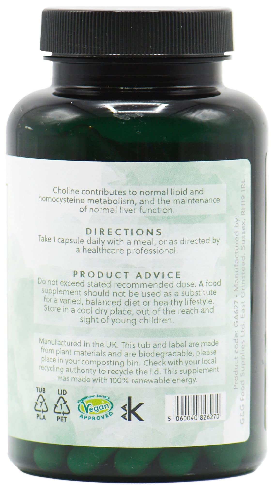 Choline (Bitartrate) & Inositol Capsules | 250mg Choline & 250mg Inositol per Capsule | 120 Vegan Capsules | G&G Vitamins