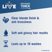 LIVE Schwarzkopf Live Post Bleach Toner Ice White Hair Toner, Lasts Up To 16 Washes, Semi-Permanent Blonde Hair Dye, For Brassy Yellow Tones, T1