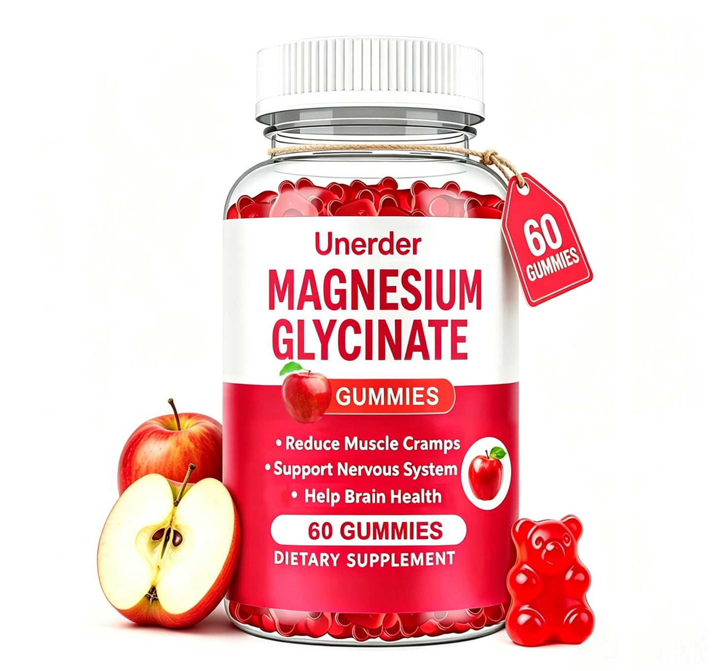 Unerder Magnesium Glycinate Gummies - 400mg High Absorption Formula for Sleep, Stress Relief & Muscle Health - Apple Flavor, 30 Days Supply for Adults,Non-GMO