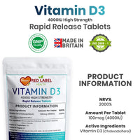Red Label Health Vitamin D3 4000 IU, Pack of 360 Vitamin D Tablets (1 Year Supply), Healthy Teeth & Bones, Supports Immune System, High Strength Vitamin D Supplement for Men & Women, UK-Made