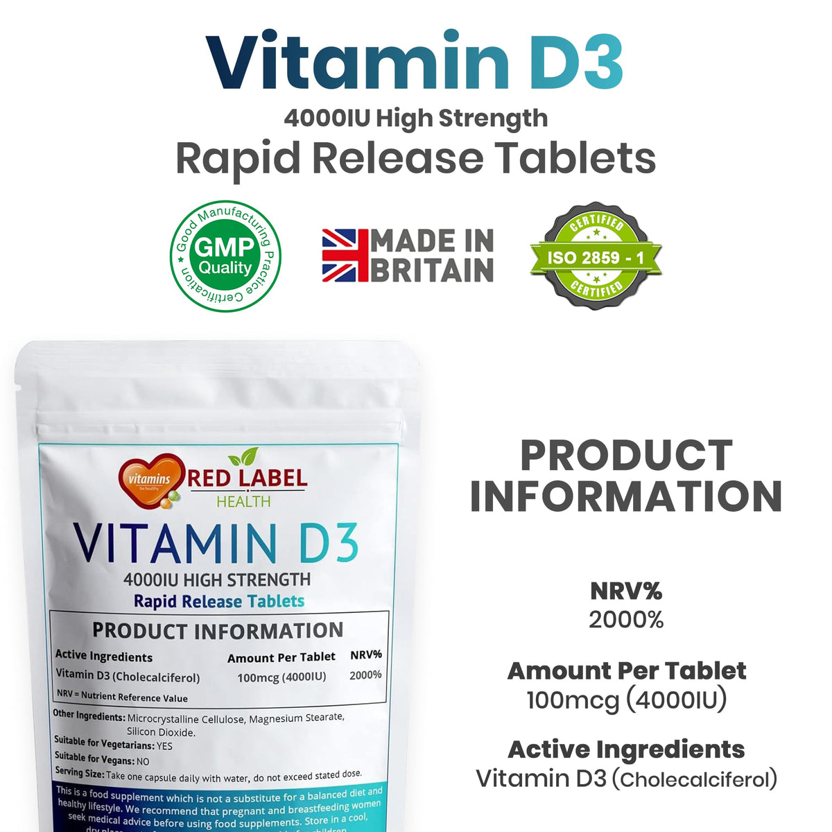 Red Label Health Vitamin D3 4000 IU, Pack of 200 Vitamin D Tablets (6+ Months Supply), Healthy Teeth & Bones, Supports Immune System, High Strength Vitamin D Supplement for Men & Women, UK-Made
