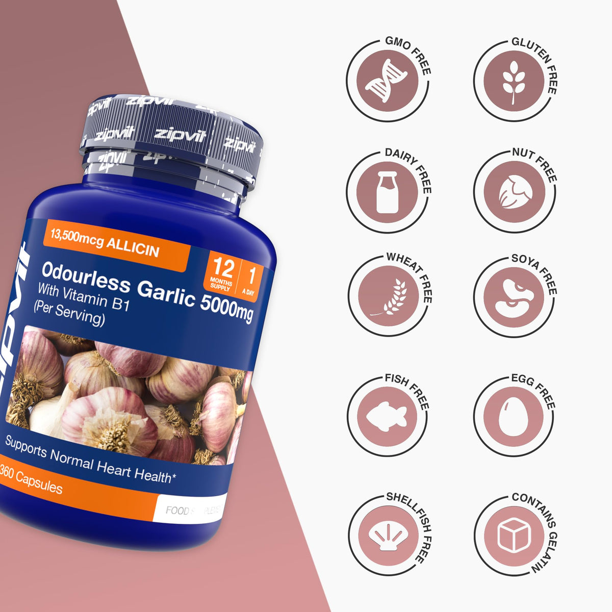 Zipvit Odourless Garlic Capsules 5000mg with Vitamin B1 – 360 Capsules (12 Month Supply) – 10mg 500:1 Garlic Extract
