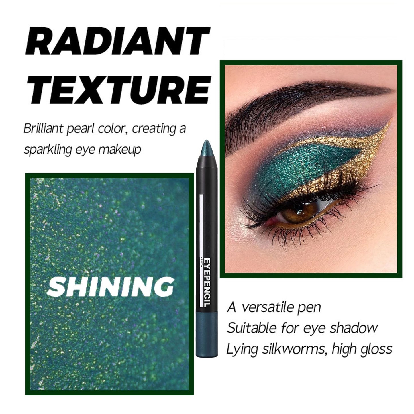 LYNTYAOU Green Shimmer Eyeshadow Stick, Jungle Green Eye Shadow Pencil, Creamy Metallic Glitter Eye Makeup Crayon, Deep Blue Color Highlight Brightener Pen, Smooth High Pigmented Eyeliner