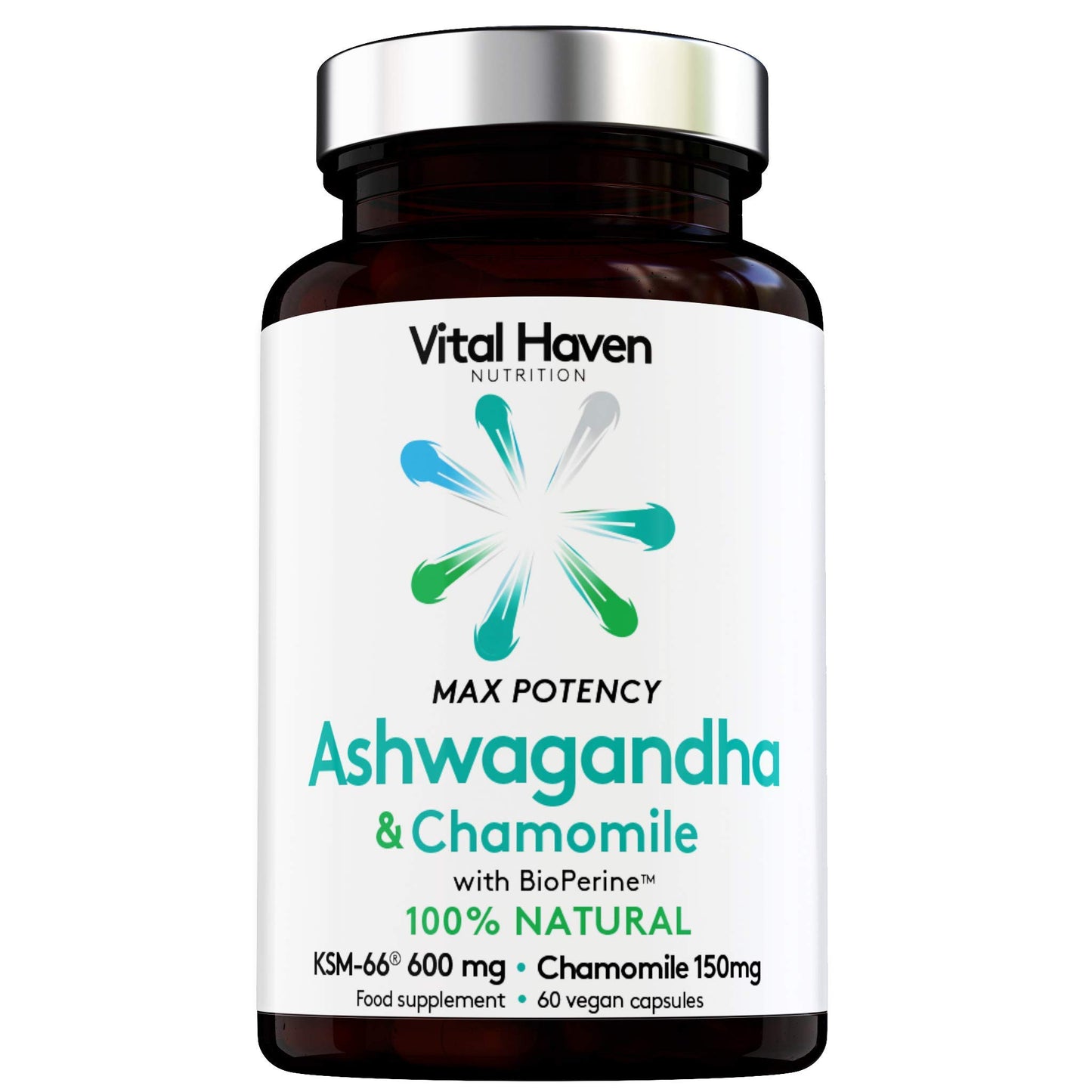 Vital Haven 100% Natural - Ashwagandha KSM-66 (600mg) + Chamomile (150mg) with Bioperine for Maximum Absorption - Premium Ingredients - Vegan Supplement - Ayurveda Indian Ginseng - Made in The UK