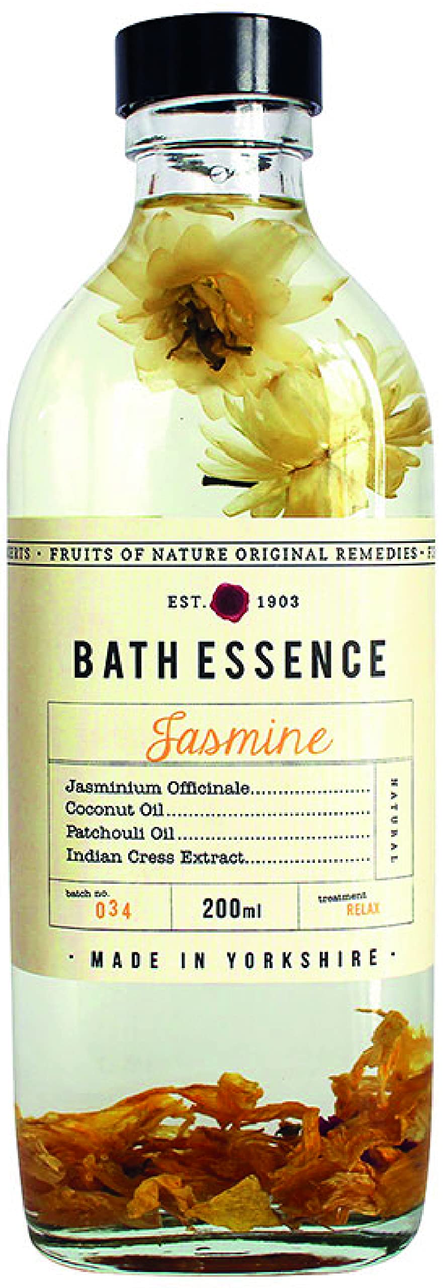 Fikkerts Fruits of Nature Jasmine Soothing and Relaxing Bath Oil Essence (200ml/6.76floz) with Lively, Sweet Floral Tones, Vegan Plant Based