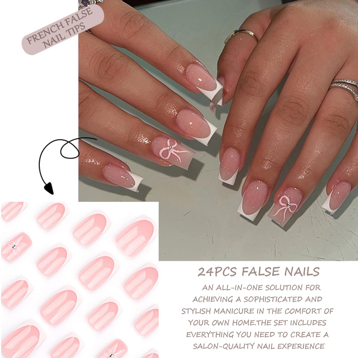 EONFAVE French Tip Nails - 24pcs Medium Square False Nail Tips - 12 Sizes Pink French Fake Nails with Glue - Glossy Full Cover Stick on Nail with Bow Patterns for Women Girls