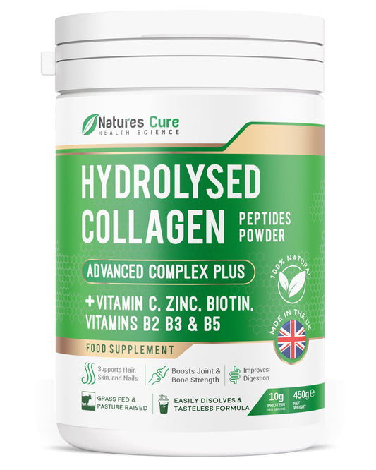 Natures cure Premium Collagen Powder Complex – Bovine Collagen Peptides 450g- Enriched with Essential B Vitamins, Vitamin C, Zinc & Biotin – Pure Hydrolysed Collagen Supplement – by Natures Cure