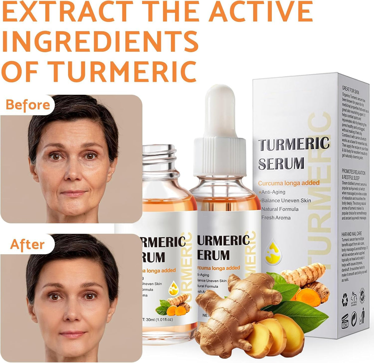 Leogony 2PCS Lightening Turmeric Serum Dark Spot Removal Corrector for Face Skin Glow, 30 ml, Anti Aging, Hydrating, Reduce Wrinkles