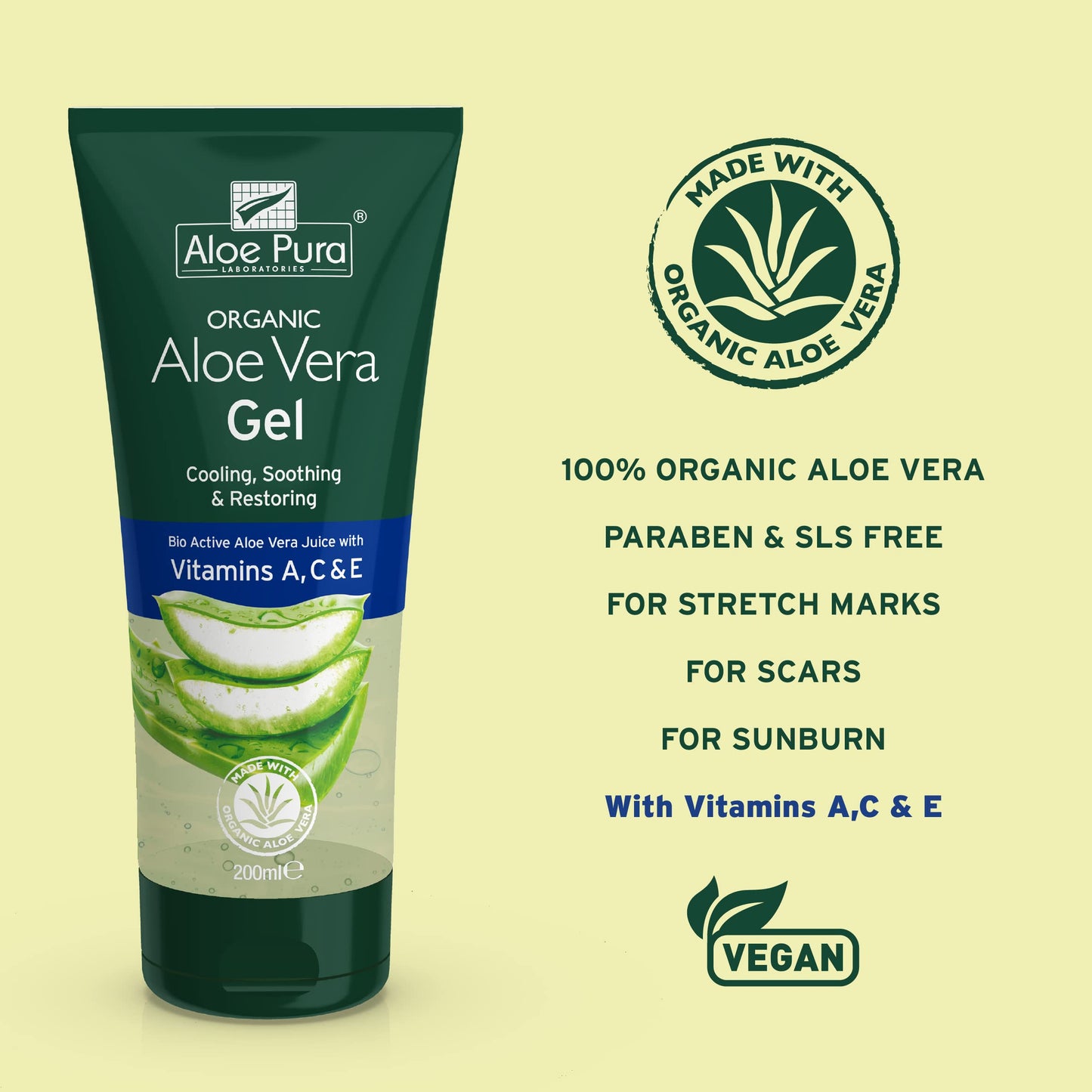 Aloe Pura, Organic Aloe Vera Gel with Vitamin's A, C and E, Natural, Vegan, Cruelty Free, Paraben and SLS Free, Soothing, Restoring, 200 ml