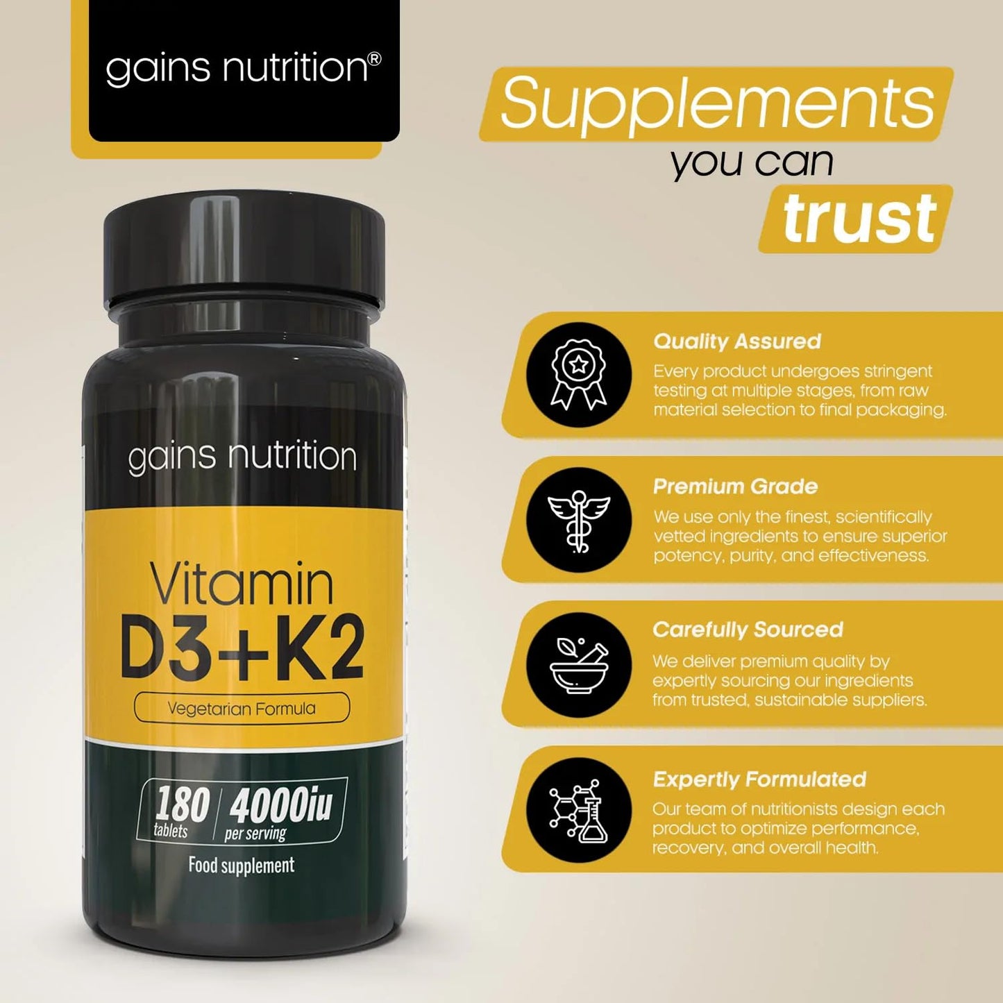 Gains Nutrition GN Vitamin D3 K2 | 180 High Strength D3 and K2 Vitamin Capsules - 4000iu per Serving | Vitamin D K2 MK-7 | Non-GMO, Gluten & Allergen Free | Made in The UK