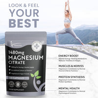 Multivita Magnesium Citrate 1,480mg 120 Vegan Capsules 2 Months Supply - Providing 440mg Elemental Magnesium Per Serving - Magnesium Capsules not Magnesium Tablets - High Strength Magnesium Supplement GMO Free