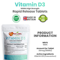 Red Label Health Vitamin D3 1000 IU, Pack of 360 Vitamin D Tablets (1 Year Supply), Healthy Teeth & Bones, Supports Immune System, High Strength Vitamin D Supplement for Men & Women, UK-Made