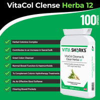 Vita Sharks VitaCol Cleanse & Clear Herba 12 - Fibre Enriched Vegetarian Herbal Colon Cleansing Formula. Increase Faecal Bulk with 12+ Kosher Herbal Ingredients