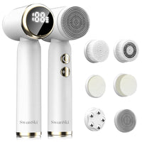 SwanSki Facial Cleansing Brush - Electric Spin Scrubber with 3 Exfoliating Brush Heads - 3 Speed Levels, LCD Display - Waterproof Facial Brush - Rechargeable Facial Cleanser - Face Scrubber (White)