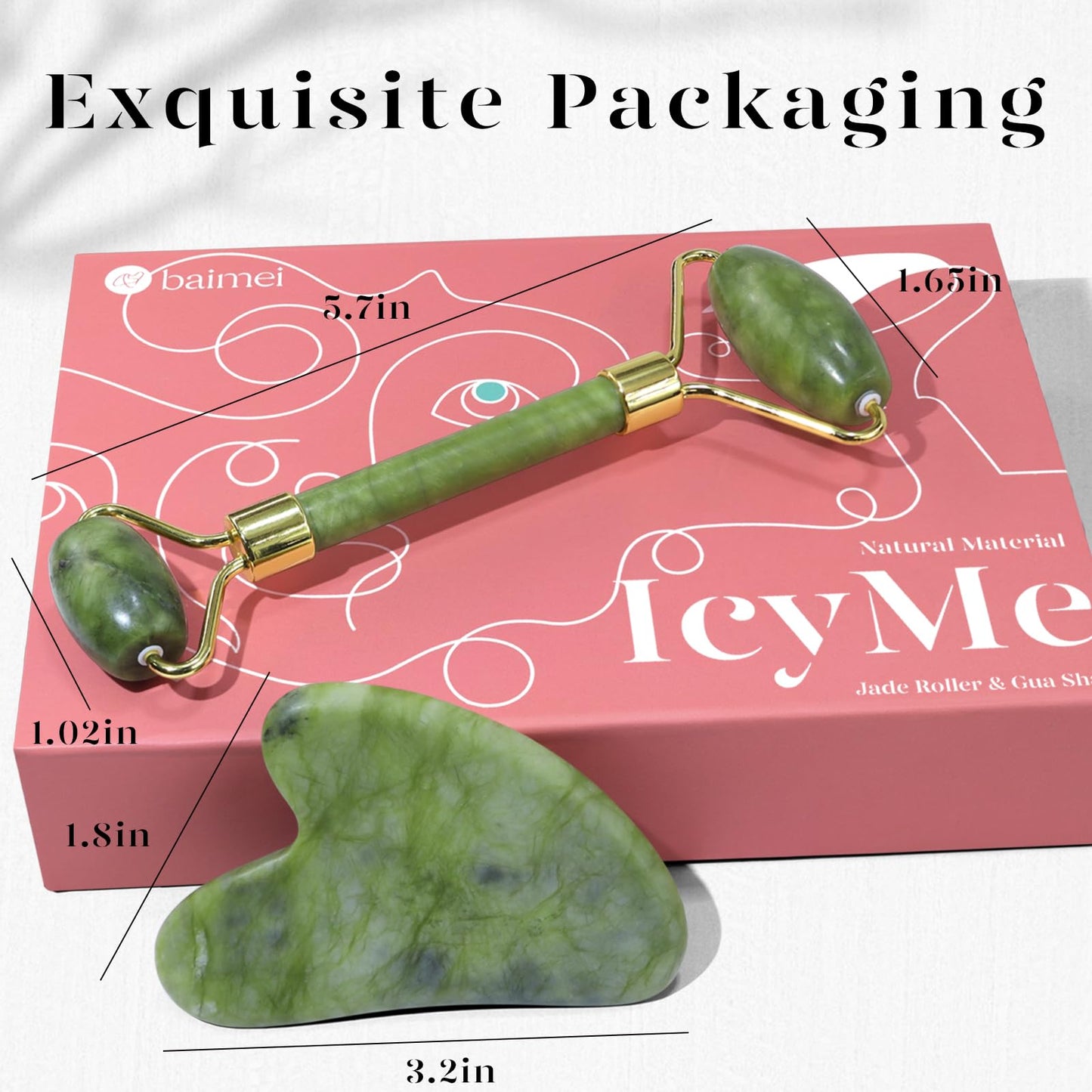 BAIMEI Gua Sha Set and Jade Roller, Jade Gua Sha & Face Rollers for Women, Self Care Gifts for Women, Body Muscle Relaxing, Improve Eye Puffiness, Skin Care Gift