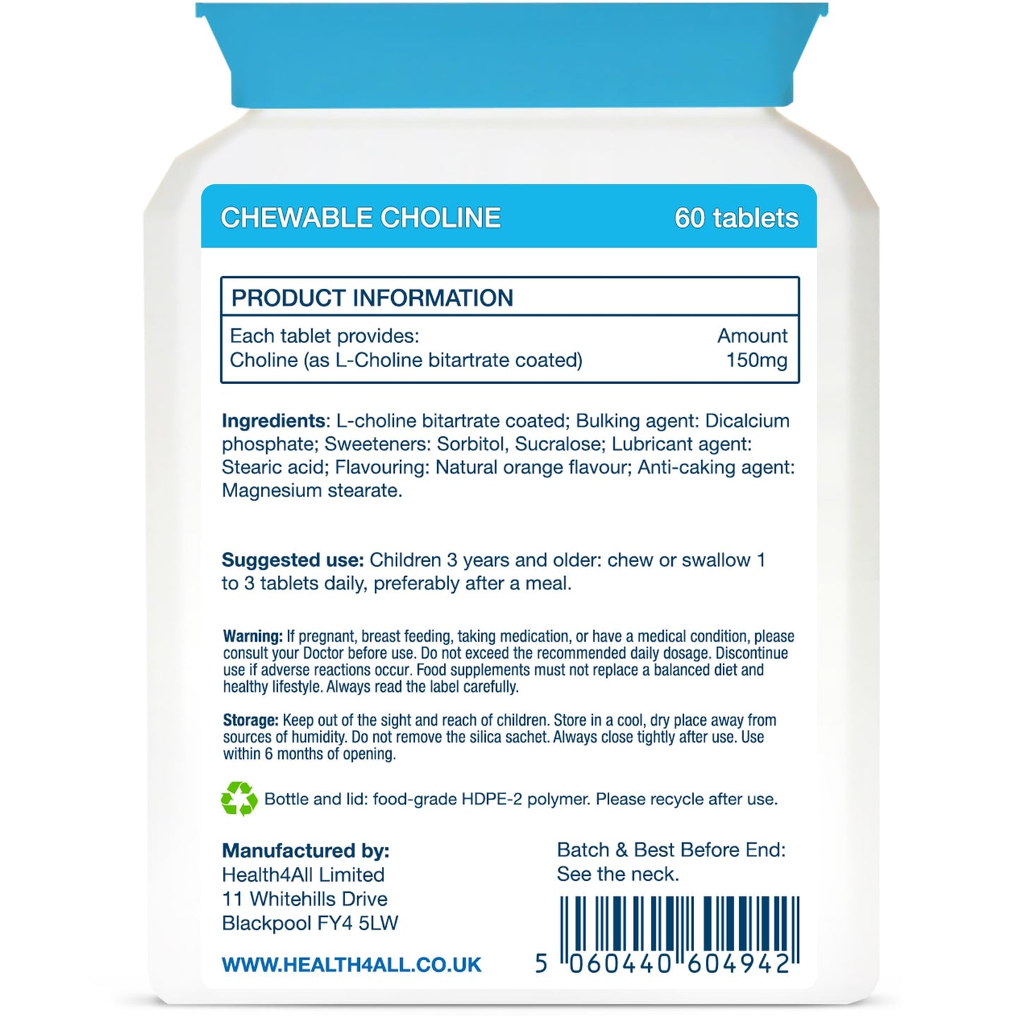 Health4All Kids Choline 150mg 60 Chewable Tablets for Children 3+