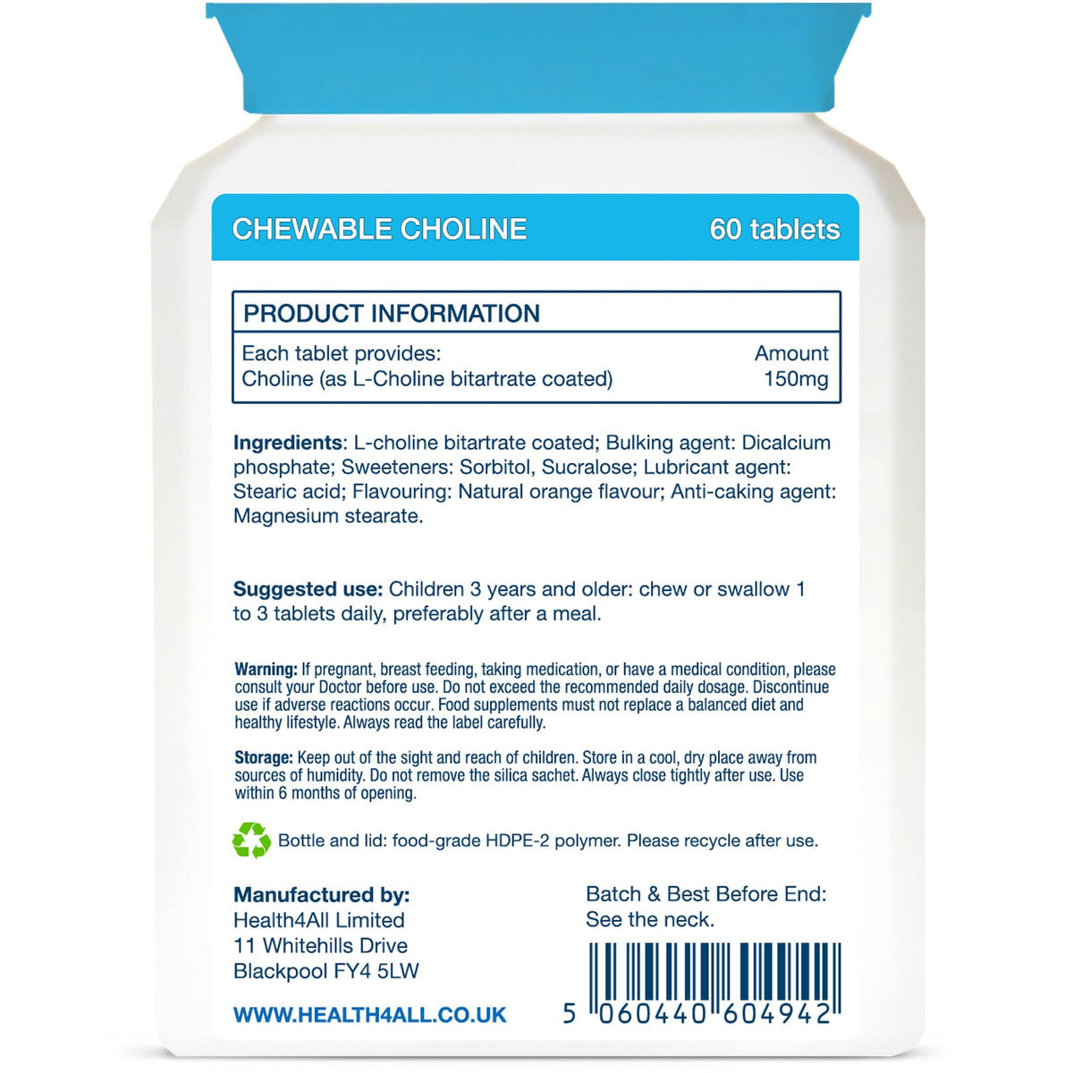 Health4All Kids Choline 150mg 60 Chewable Tablets for Children 3+, Supports Memory, Learning and Mood, Natural Vegan Orange Flavour, Sugar-Free | Made in UK (Not Gummies)