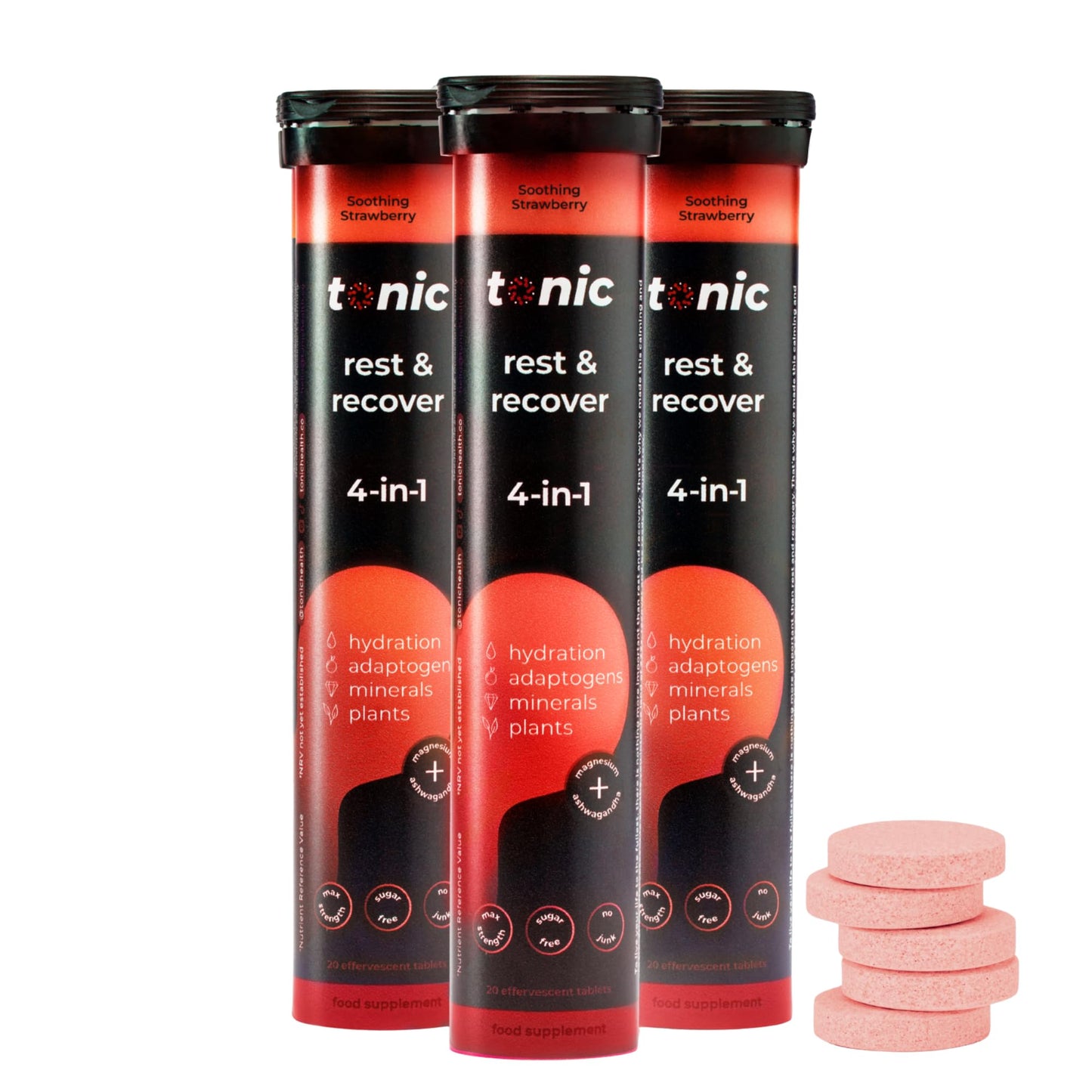 Tonic Health Rest and Recovery Effervescent Tablets - 300mg Elemental Magnesium, Ashwagandha, Lemon Balm - No Sugar, Magnesium Glycinate - Relax and Recharge, Strawberry 60 Count