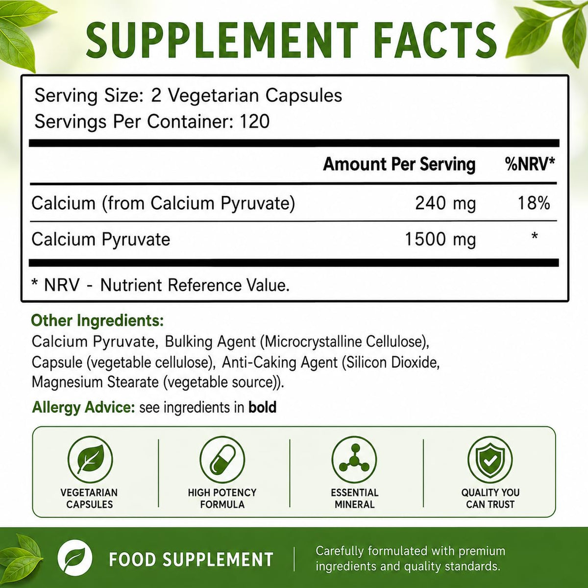 Brieofood Calcium Pyruvate 1500mg per Serving - 240 Vegetarian Capsules