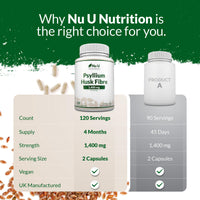 Psyllium Husk Fibre Supplement - 1400mg per Serving - 240 Vegan Capsules - Natural Soluble Prebiotic Fiber from Plantago Ovata Seeds - Made in the UK - Nu U Nutrition