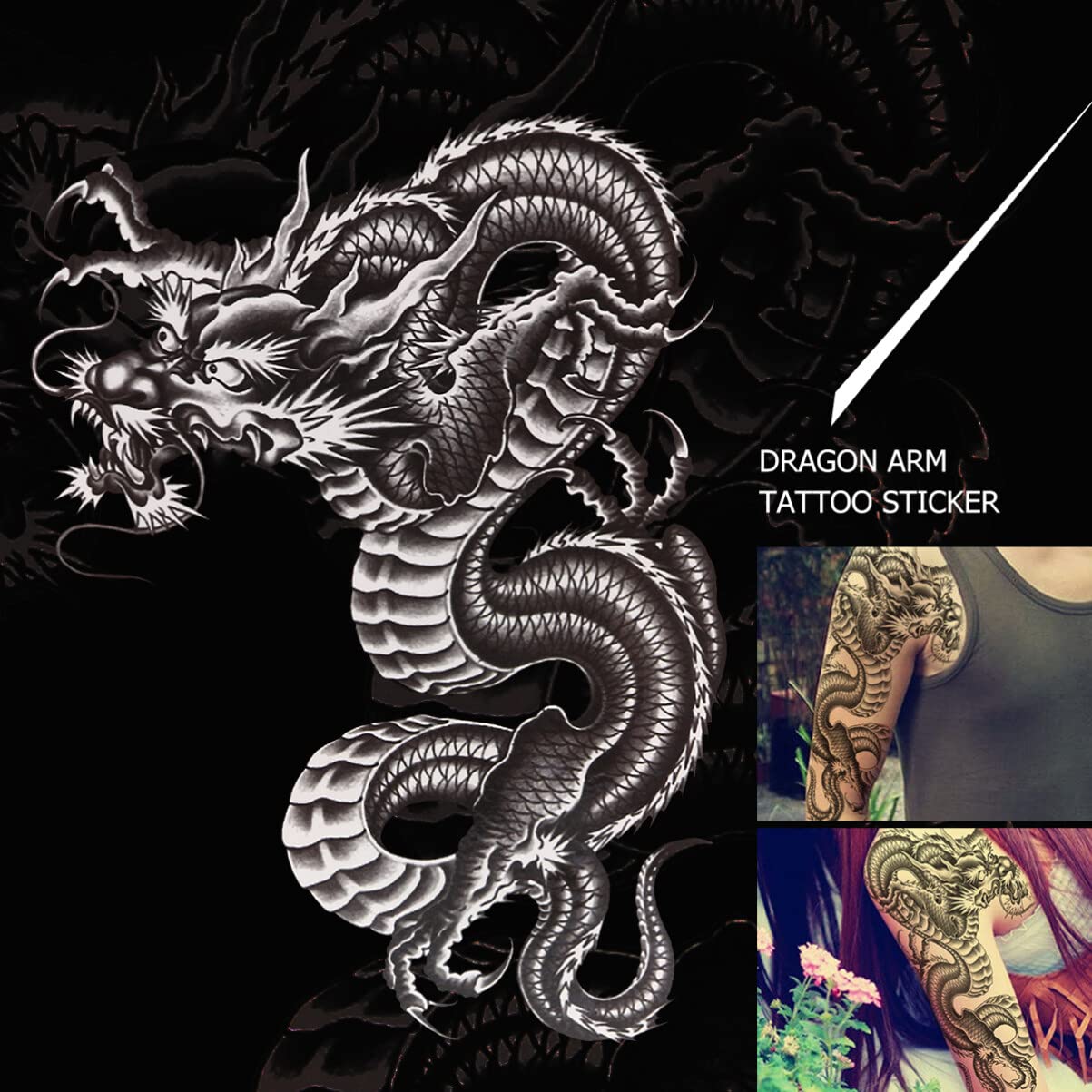 ULTNICE Large Large Temporary Arm Tattoo Stickers Waterproof Dragon Sleeve Transfers for Men Women Scar Cover Body Art 21X15cm