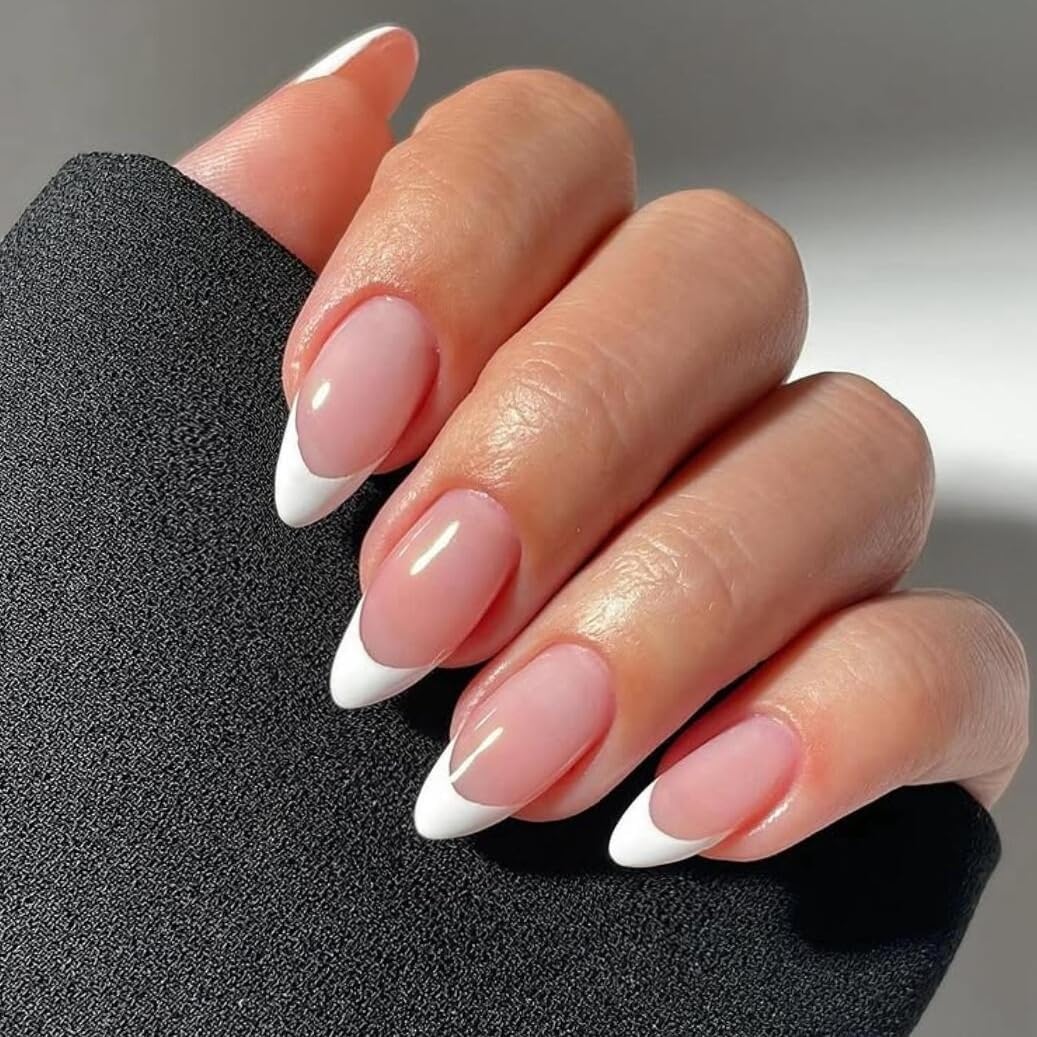 KQueenest 30 Pcs White French Tip Press on Nails Short Medium Almond, French Tip False Nails Short Stiletto, Thick Acrylic Fake Nails Set Natural Nude Gel Stick on Nail for Women Daily Wedding Wear