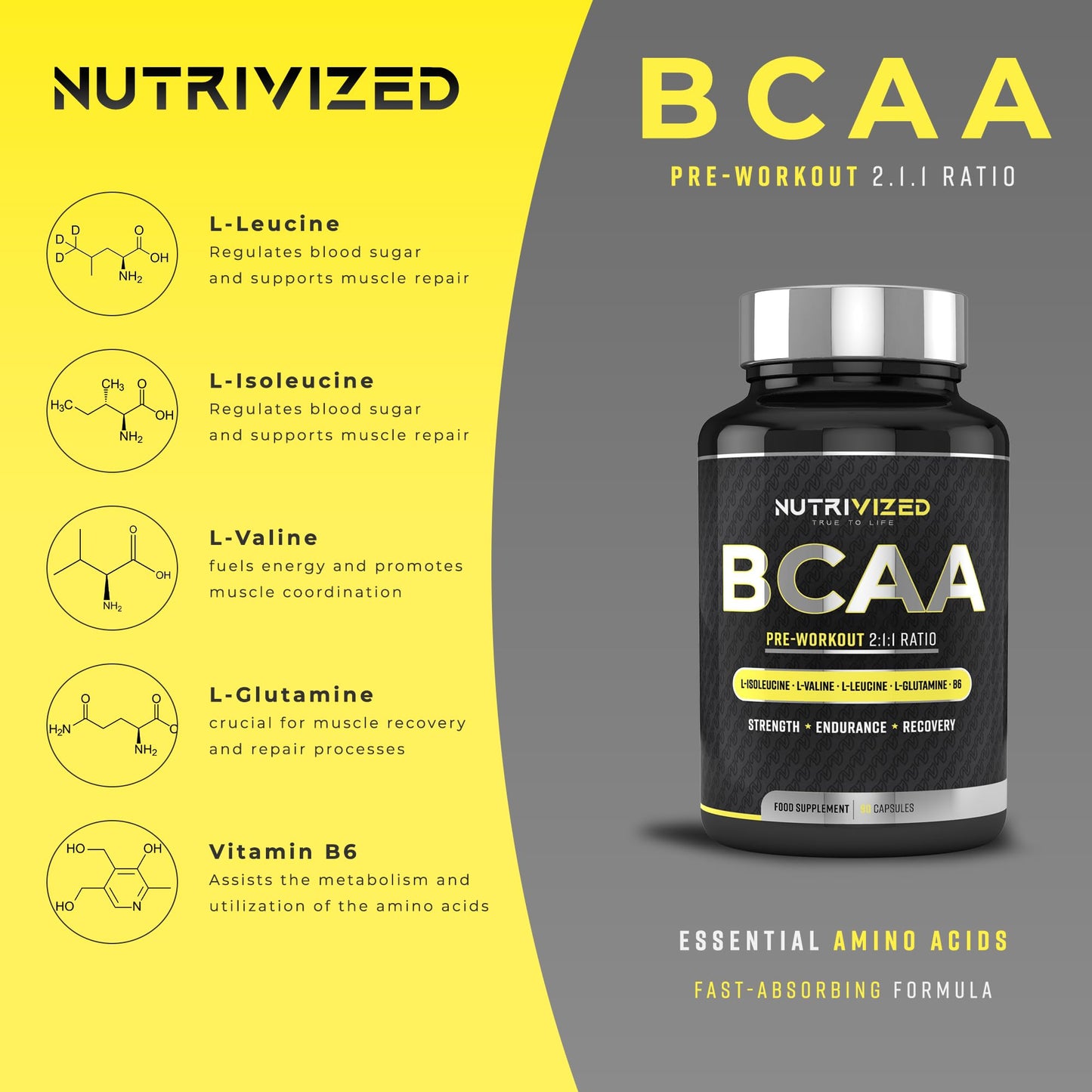 Nutrivized BCAA - 1800mg - 2:1:1 Branched Chain Amino Acid with L Glutamine - Vitamins B6 - Pre Workout for Men & Women - Vegan - Muscle Growth - Recovery - 90 Capsules - Made in The UK