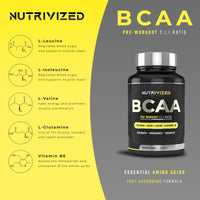 Nutrivized BCAA - 1800mg - 2:1:1 Branched Chain Amino Acid with L Glutamine - Vitamins B6 - Pre Workout for Men & Women - Vegan - Muscle Growth - Recovery - 90 Capsules - Made in The UK