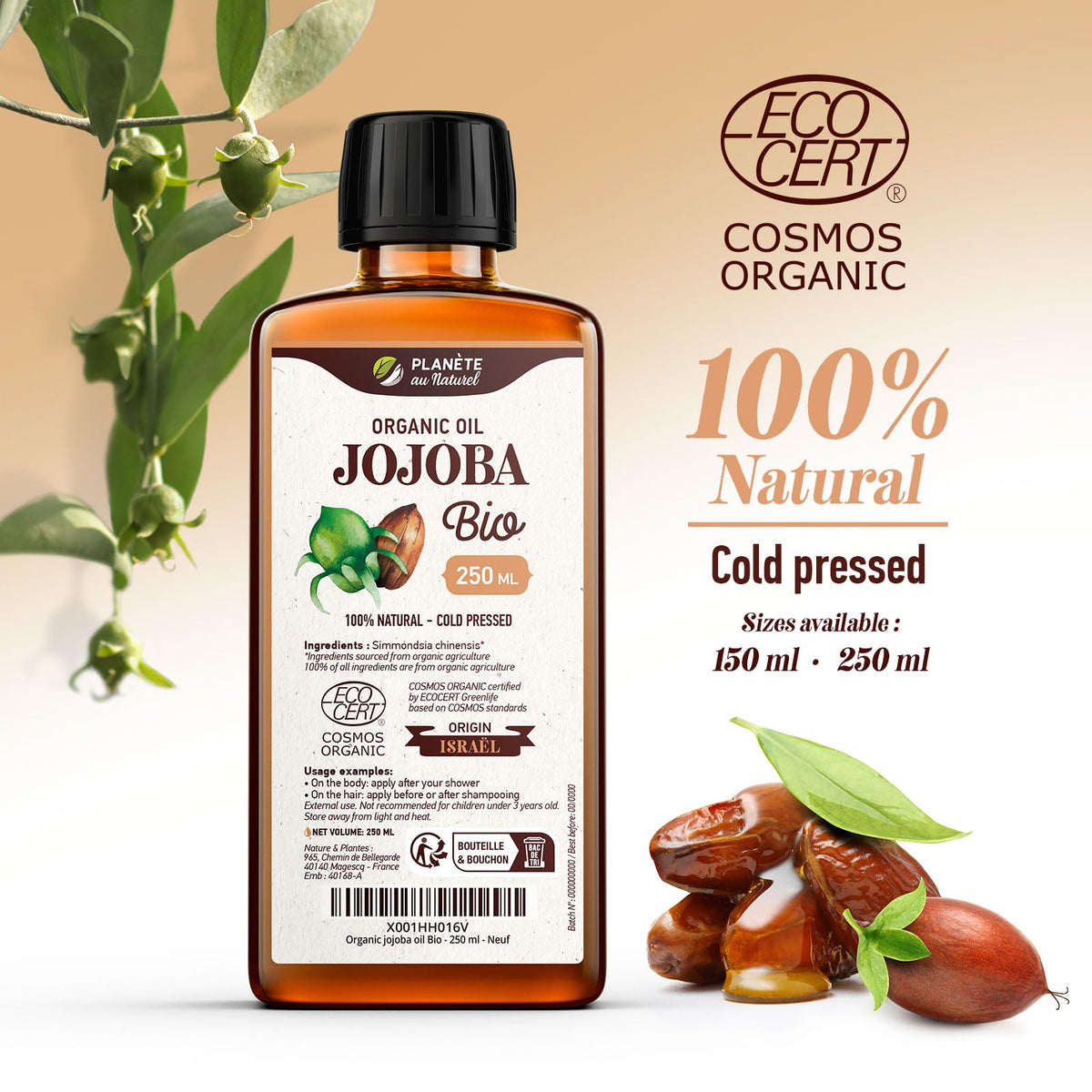 Planète au Naturel Organic Jojoba oil 250 ml - Pure & Natural - Cold Pressed