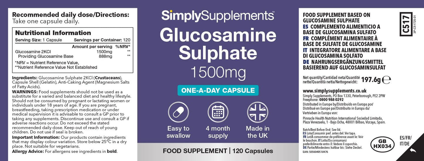 Simply Supplements Glucosamine Sulphate 1500mg | Supports Natural Glucosamine Levels | High-Strength 2KCl Formula | One-a-Day Convenience | 120 Capsules = 4 Months' Supply | GMP-Certified & UK-Made