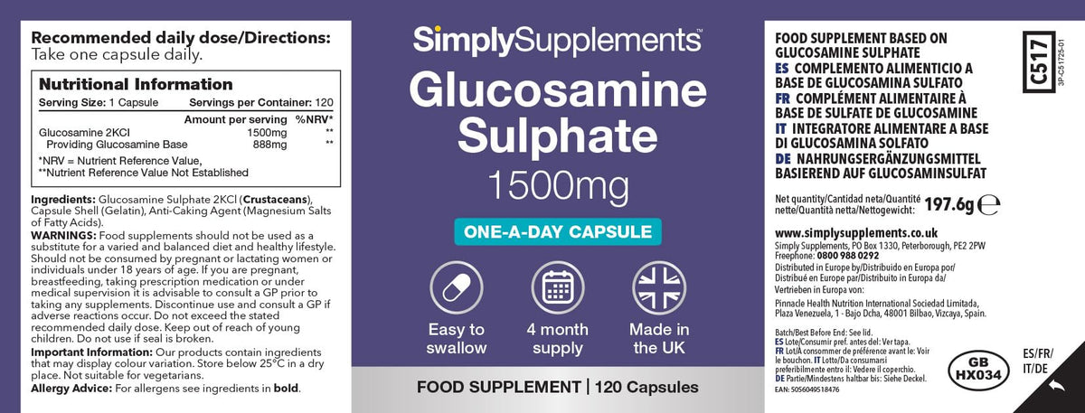 Simply Supplements Glucosamine Sulphate 1500mg | Supports Natural Glucosamine Levels | High-Strength 2KCl Formula | One-a-Day Convenience | 120 Capsules = 4 Months' Supply | GMP-Certified & UK-Made