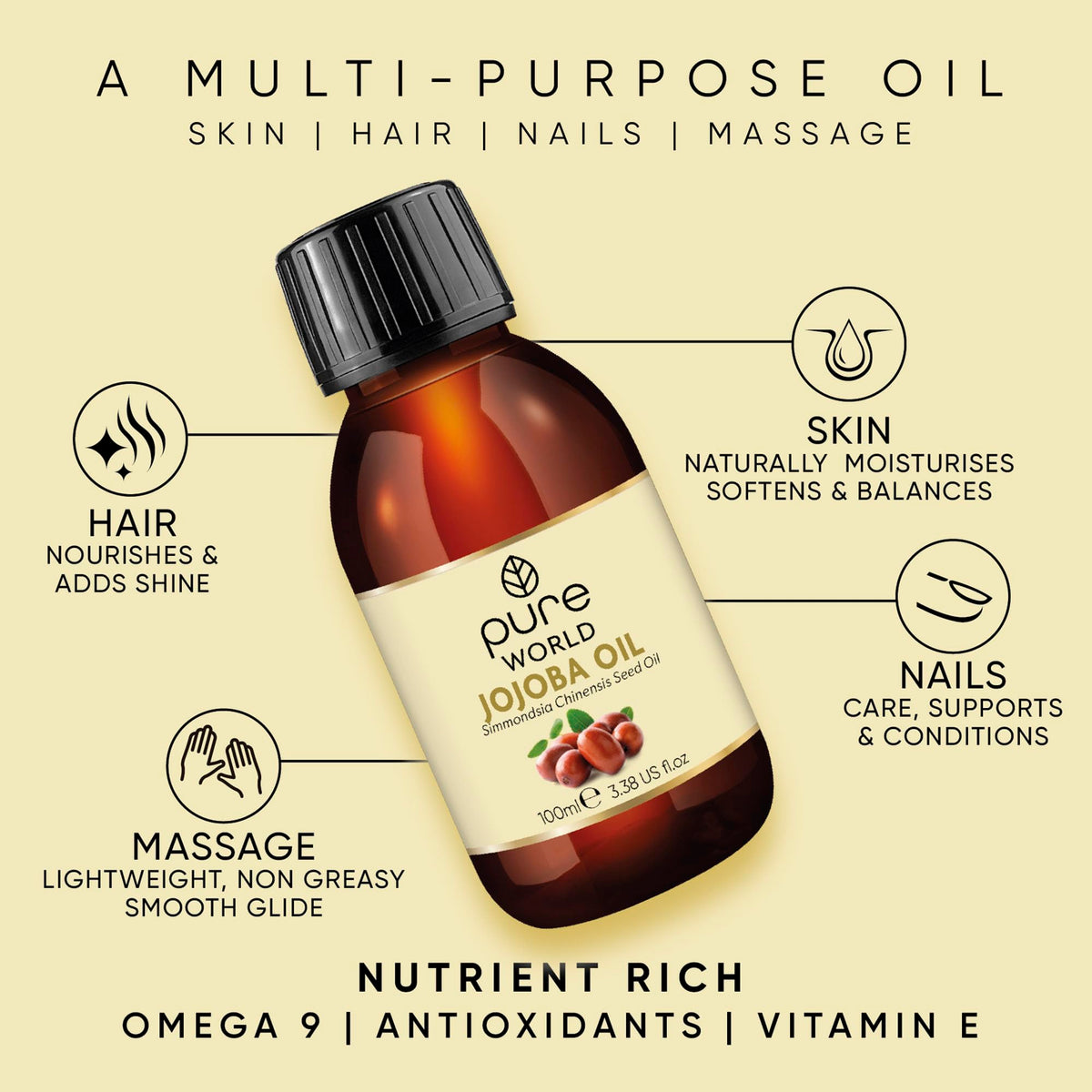 Pure World Natural Jojoba Oil 100% Pure and Undiluted 100ml. Cold and Freshly Pressed Premium Quality Jojoba Oil – Skin, Nails, Body and Face