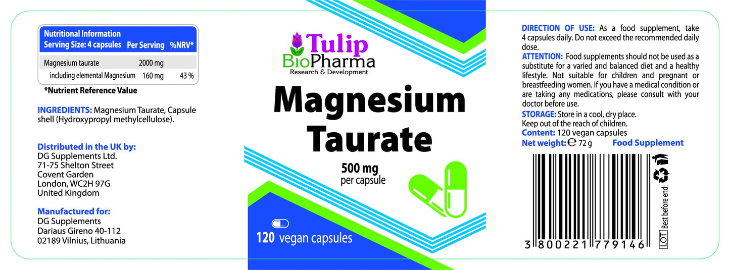 Magnesium Taurate 2000mg Per Serving 120 Vegan Capsules, 3rd Party Lab Tested, No Fillers or Bulkers