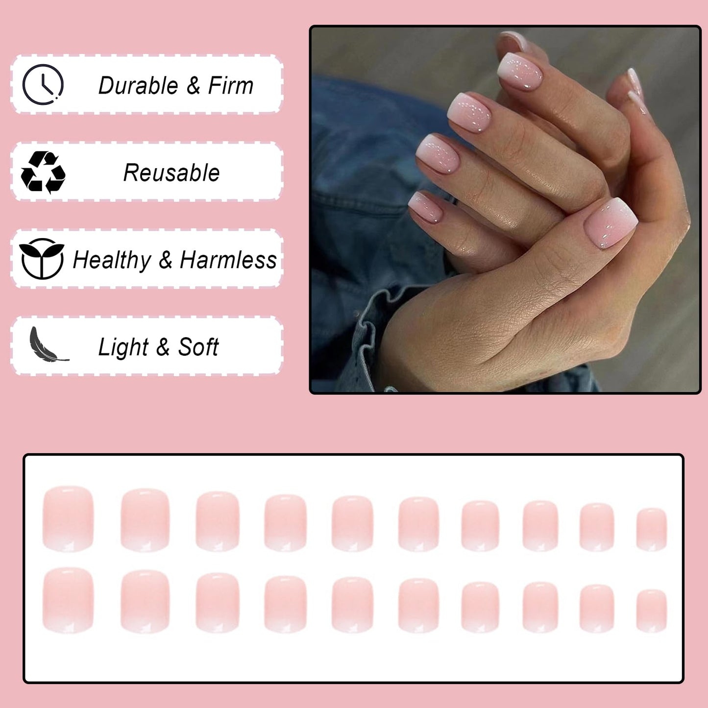Ceboic 24pcs French False Nails Pink White Tip Short Square Press on Nails Gradient Acrylic Full Cover Stick on Nails with Designs Elegant Touch Fake Nails Women Girls Nail Art Accessories