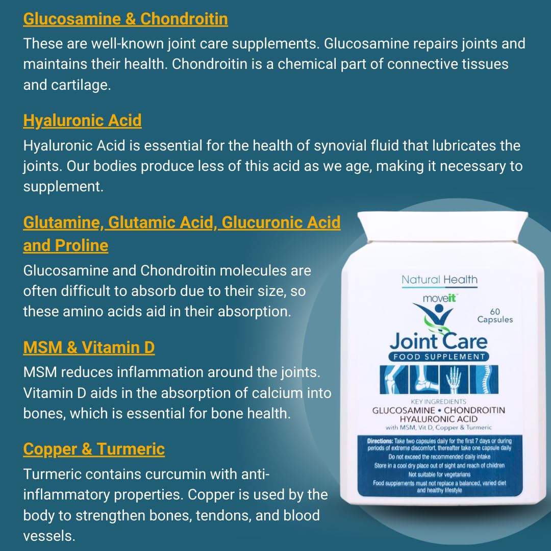 Moveit Joint Care Supplement – 60 Capsules | Glucosamine, Chondroitin, MSM, Turmeric, Hyaluronic Acid, Vitamin D & Copper | Bone & Muscle Support for Mobility, Flexibility & Comfort - 2 Month Supply