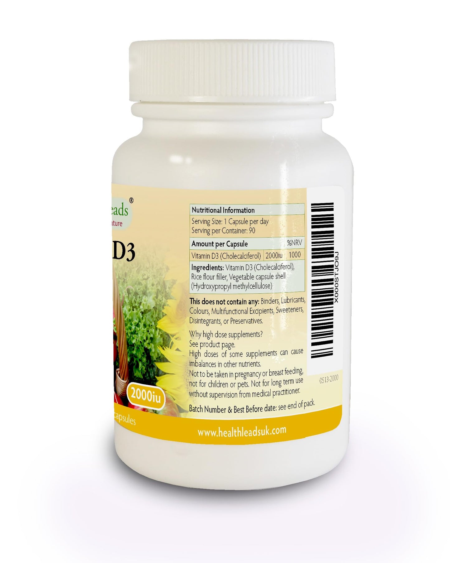 Health Leads ...Working With Nature Vitamin D3 2000iu x 90 Capsules, Suitable for Vegetarians, Magnesium Stearate Free, Contributes to The Maintenance of Normal Bones, Muscle Function & The Immune System, UK Manufactured