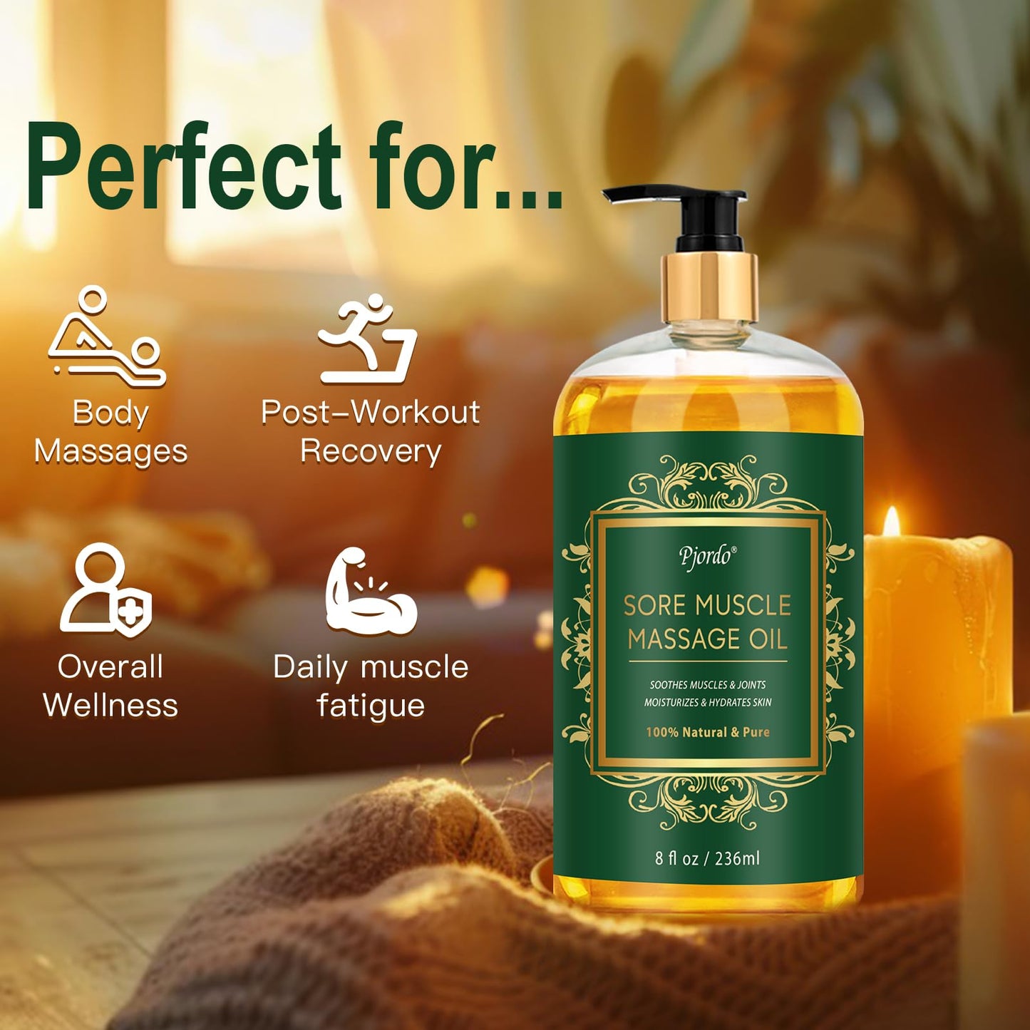 Pjordo Massage Oil for Muscle Pain, 236ml Natural Body Massage Oil for Massage Therapy, with Lavender Oil, Arnica & Chamomile Extract, Soothes Muscle and Joint for Professional & Home Use